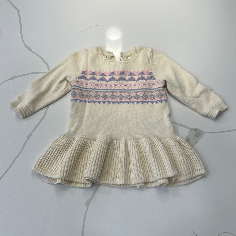 Gap baby 100% cotton sweater dress fair isle cream pink purple size 6-12 months